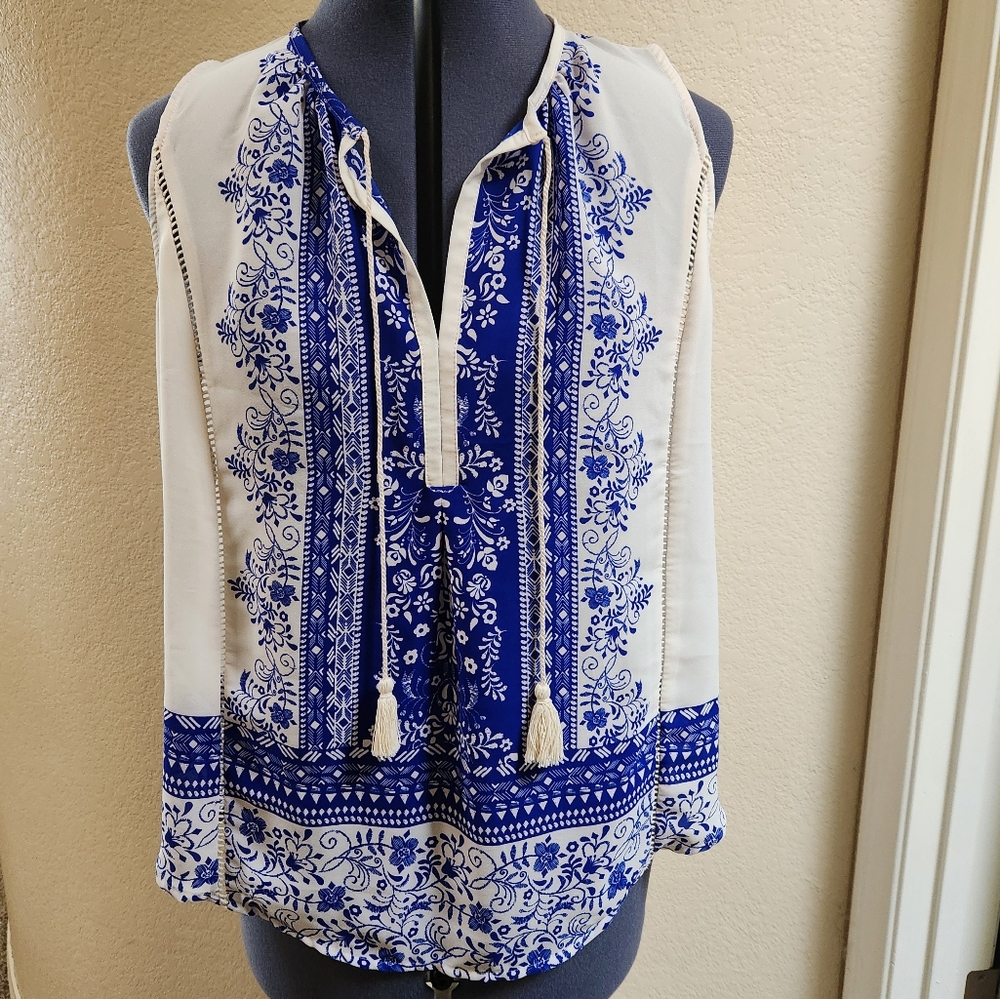 Beautiful blue and cream boho top